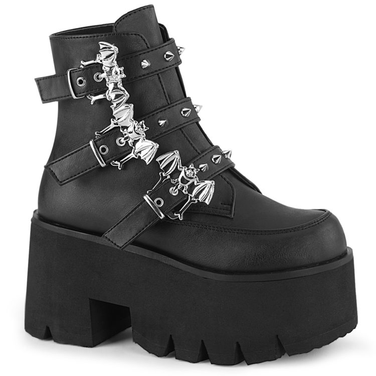 Demonia Ashes-55 Black Vegan Leather Bat Buckle Ankle Boot