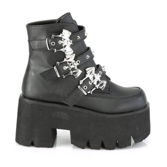 Demonia Ashes-55 Black Vegan Leather Bat Buckle Ankle Boot