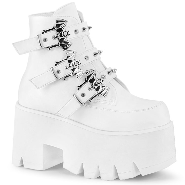 Demonia Ashes-55 White Vegan Leather Bat Buckle Ankle Boot