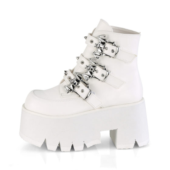 Demonia Ashes-55 White Vegan Leather Bat Buckle Ankle Boot