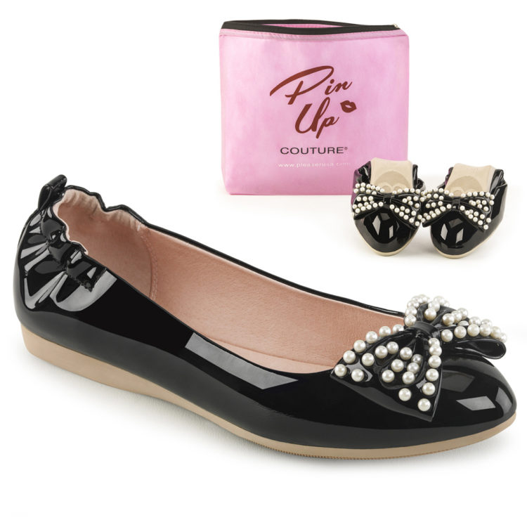 Pin Up Couture Ivy-09 Black Patent Pointed Toe Foldable Ballet Flats With Pearl Embellished Bow Detail