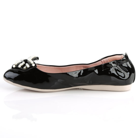 Pin Up Couture Ivy-09 Black Patent Pointed Toe Foldable Ballet Flats With Pearl Embellished Bow Detail