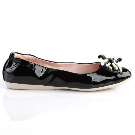 Pin Up Couture Ivy-09 Black Patent Pointed Toe Foldable Ballet Flats With Pearl Embellished Bow Detail