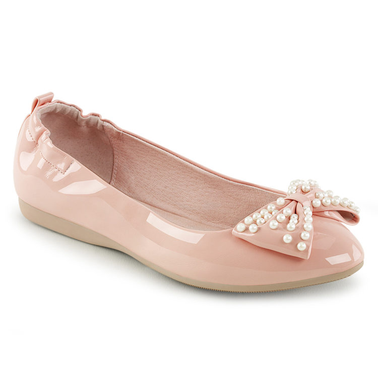 Pin Up Couture Ivy-09 Baby Pink Patent Pointed Toe Foldable Ballet Flats With Pearl Embellished Bow Detail