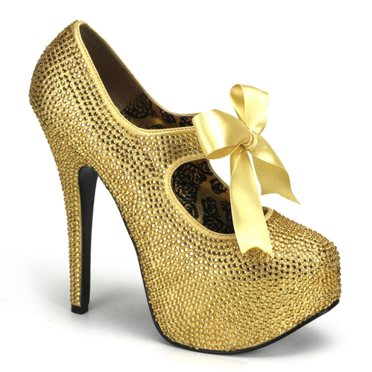 Bordello Teezt-04R Gold Rhinestone Mary Jane High Heel Platform Shoes